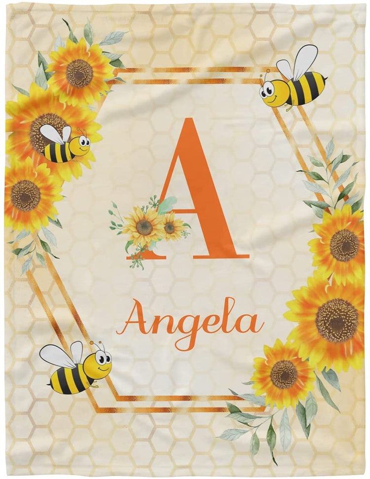 Bee Sunflowers Baby Kids Milestone Blanket With Customized Name For Baby Girl Nursery, Daughter, Granddaughter, Month Gifts