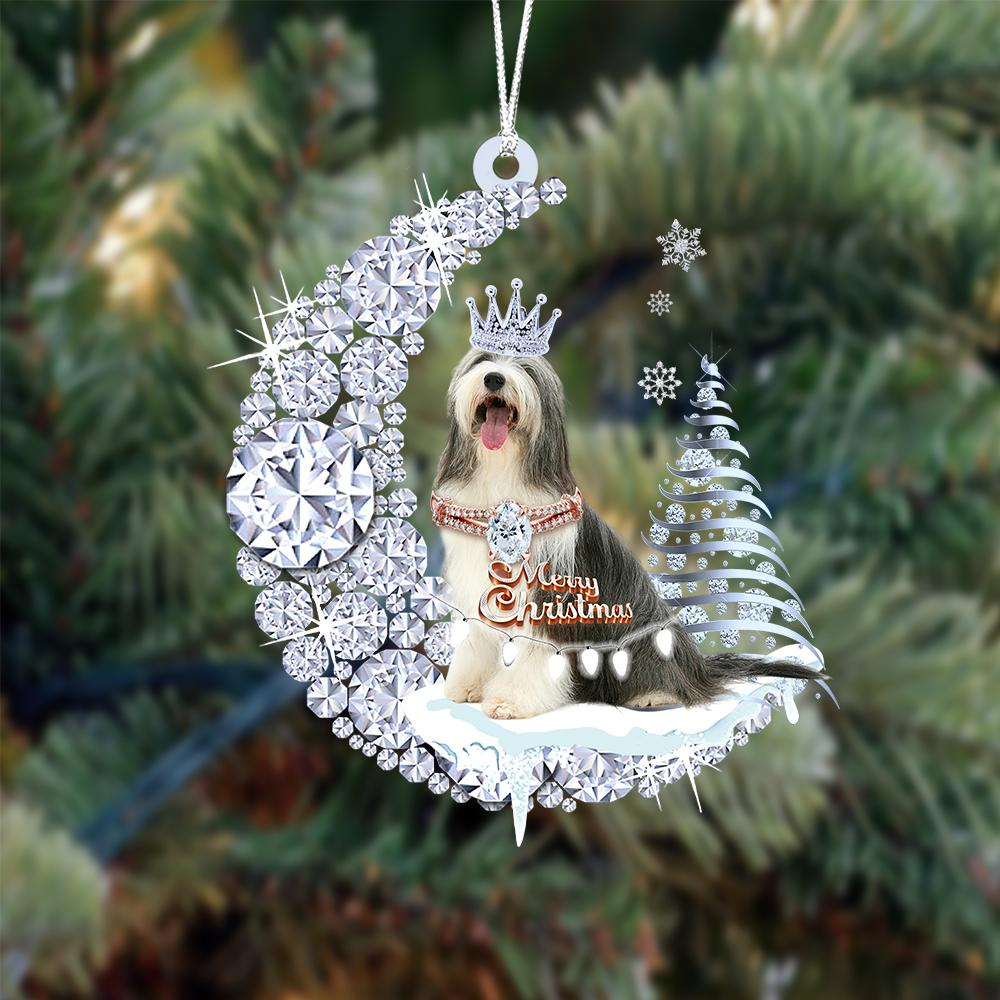 Personalized Bearded Collie Diamond Moon Merry Christmas Mica Ornament - Best Gift For Dog Lovers, Dog Owners