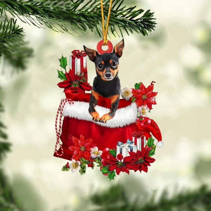 Personalized Miniature Pincher In Red Gift Bag Acrylic Christmas Ornament, Custom Name Christmas Gift For Dog Lovers, Dog Mom