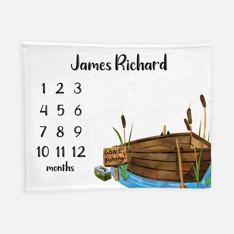 Fishing Boat Baby Milestone Blanket With Customized Name For Baby Boy Nursery, Son, Grandson