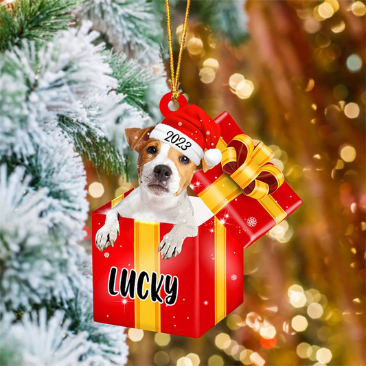 Customized Name Jack Russell In Red Gift Box Acrylic Christmas Ornament Personalized Pet Christmas Ornament - Gift For Dog Lovers, Pet Lovers