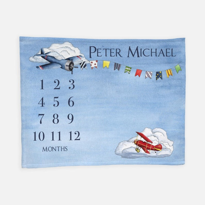 Airplane And Clouds Baby Milestone Blanket With Customized Name For Baby Boy Nursery, Son, Grandson