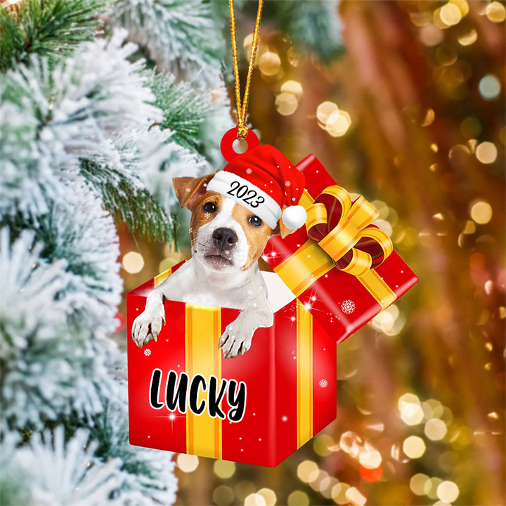 Customized Name Jack Russell In Red Gift Box Acrylic Christmas Ornament Personalized Pet Christmas Ornament - Gift For Dog Lovers, Pet Lovers