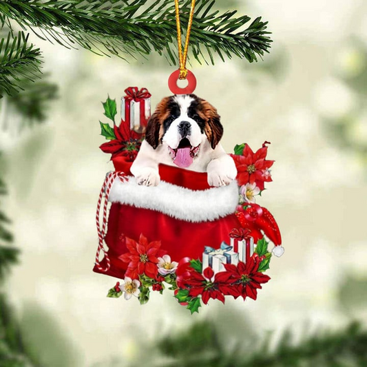 Personalized Saint Bernard In Red Gift Bag Acrylic Christmas Ornament, Custom Name Christmas Gift For Dog Lovers, Dog Mom