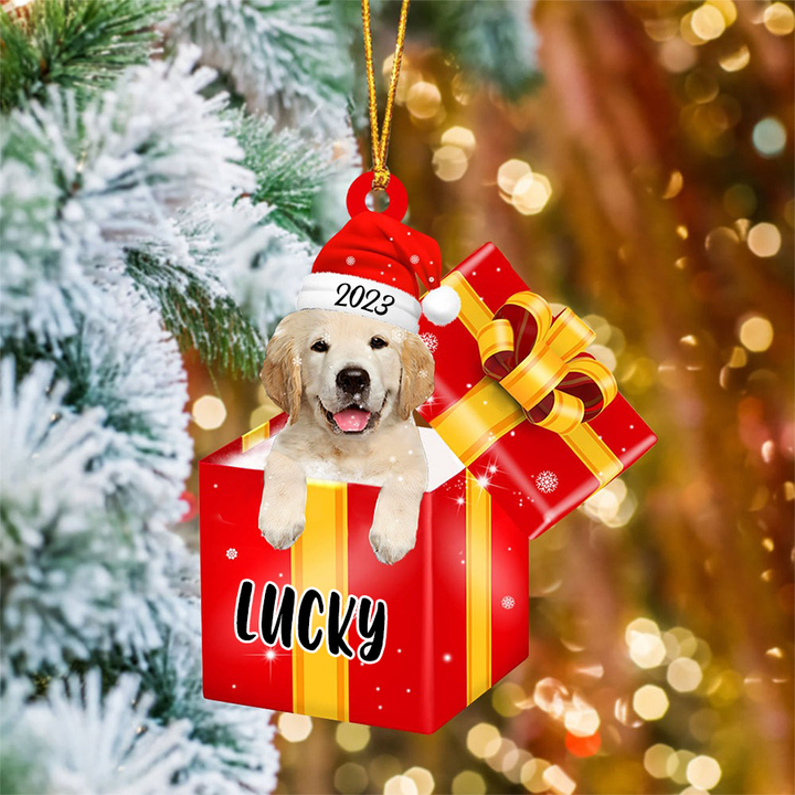 Customized Name Golden Retriever In Red Gift Box Acrylic Christmas Ornament Personalized Pet Christmas Ornament - Gift For Dog Lovers, Pet Lovers