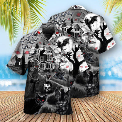 Halloween Black Cat Hawaiian Shirt, Black Cat Flying Horror Night Halloween Aloha Shirt For Men & Women - Halloween Gift For Members Family, Friends