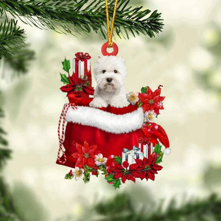 Personalized Name West Highland White Terrier In Red Gift Bag Acrylic Christmas Ornament, Custom Christmas Gift For Dog Lovers, Dog Mom