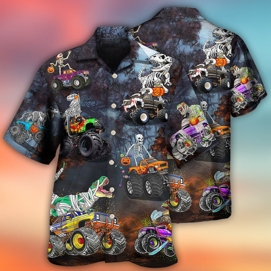 Halloween Hawaiian Shirt, Halloween Skeleton Dinosaur Driving Monster Truck Aloha Shirt For Men & Women - Halloween Gift For Members Family, Friends