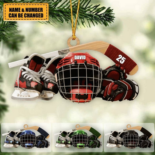 Customized Hockey Skates Helmet And Stick Christmas Ornament, Custom Hockey Acrylic Ornament, Christmas Gift For Hockey Lovers