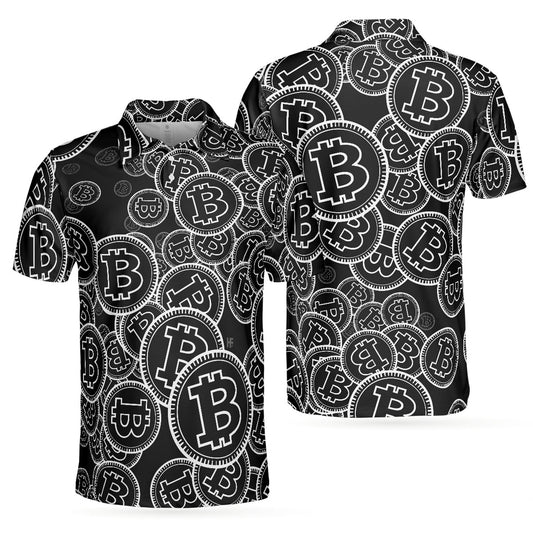 Digital Bitcoin Crypto Polo Shirt, Cool Cryptocurrency Short Sleeve Shirt, Black And White Bitcoin Polo - Gift For Men