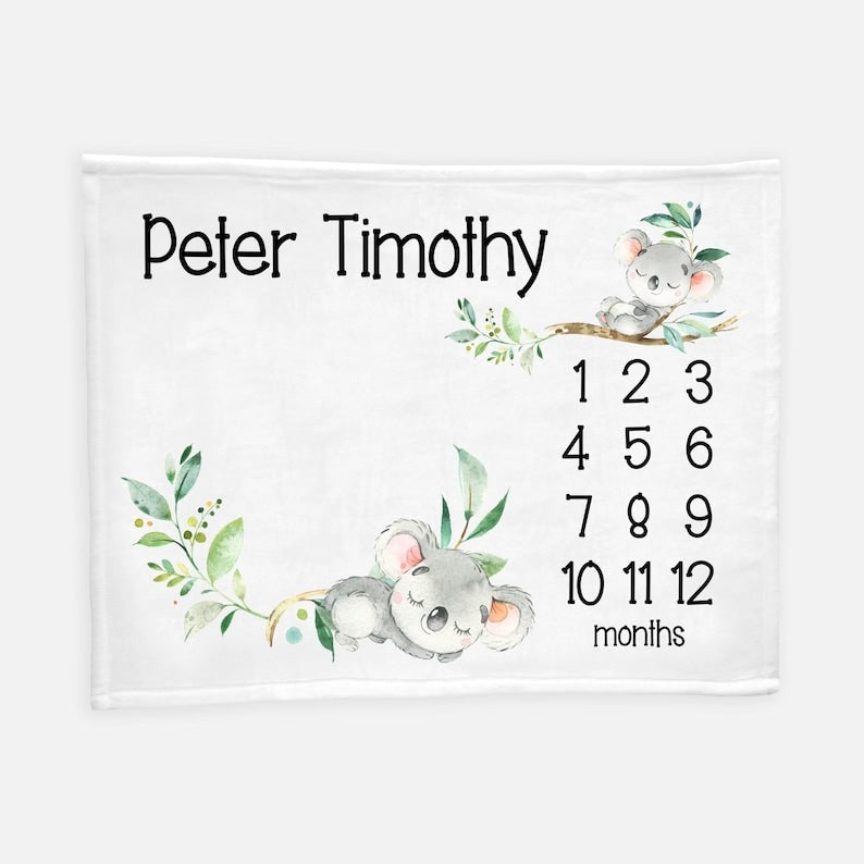 Koala Bear Baby Milestones Blanket With Customized Name For Baby Boy Girl Nursery, Son, Grandson, Daughter, Granddaughter