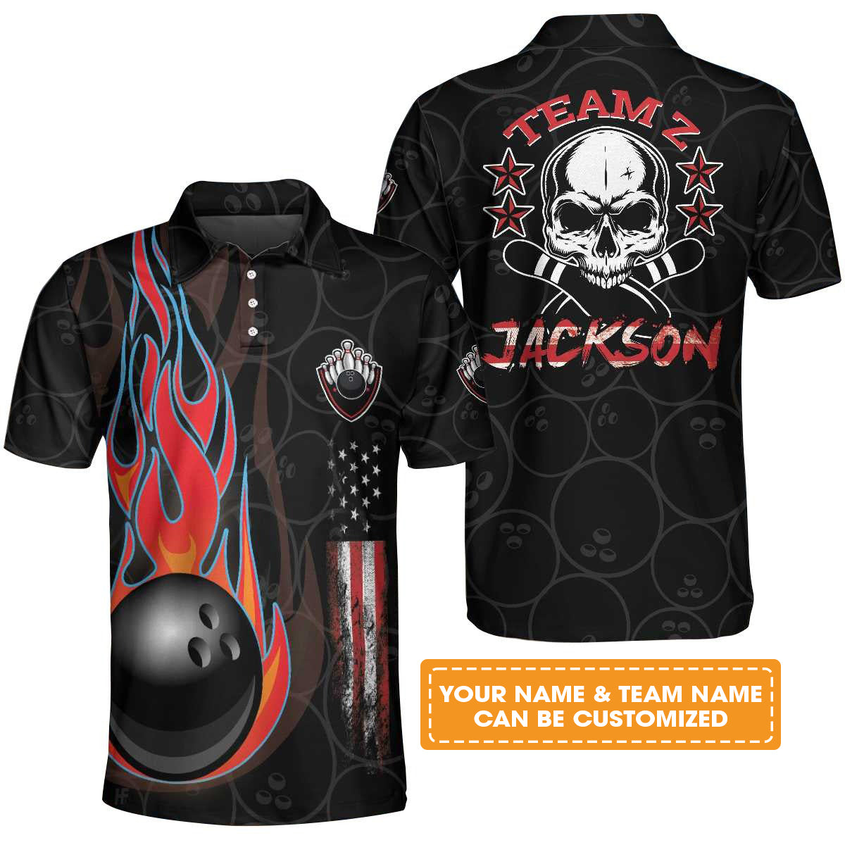 Bowling Men Polo Shirt Custom Name - Skull American Flag Personalized Bowling Polo Shirt - Gift For Friend, Family, Bowling Lovers