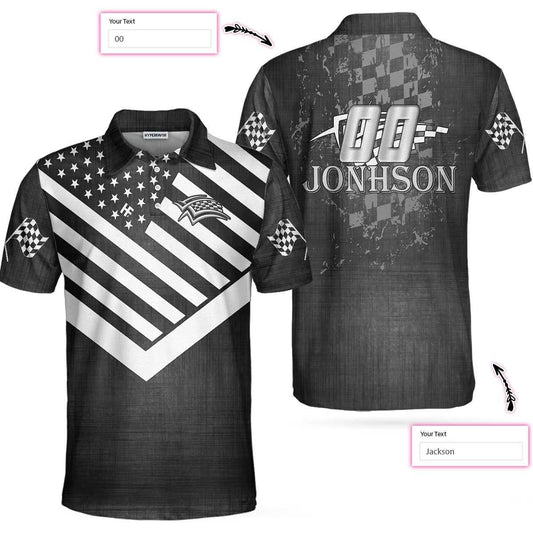 Drag Racing Custom Polo Shirt, Black American Flag Racing Shirt For Men, Short Sleeve Men Polo Shirt - Amzanimalsgift