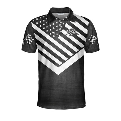 Drag Racing Custom Polo Shirt, Black American Flag Racing Shirt For Men, Short Sleeve Men Polo Shirt - Amzanimalsgift