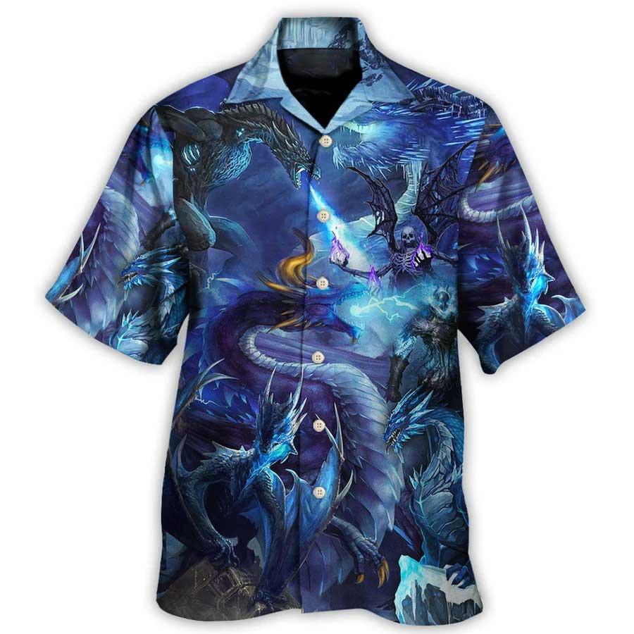 Dragon Aloha Hawaiian Shirt For Summer, Dragon Blue Skull Fire Lightning Art Style Hawaiian Shirts Outfit For Men Women, Dragon Lovers - Amzanimalsgift