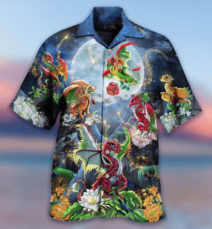 Dragon Aloha Hawaiian Shirt For Summer, Dragon Flowers Love Life To The Moon Hawaiian Shirts Outfit For Men Women, Dragon Lovers - Amzanimalsgift