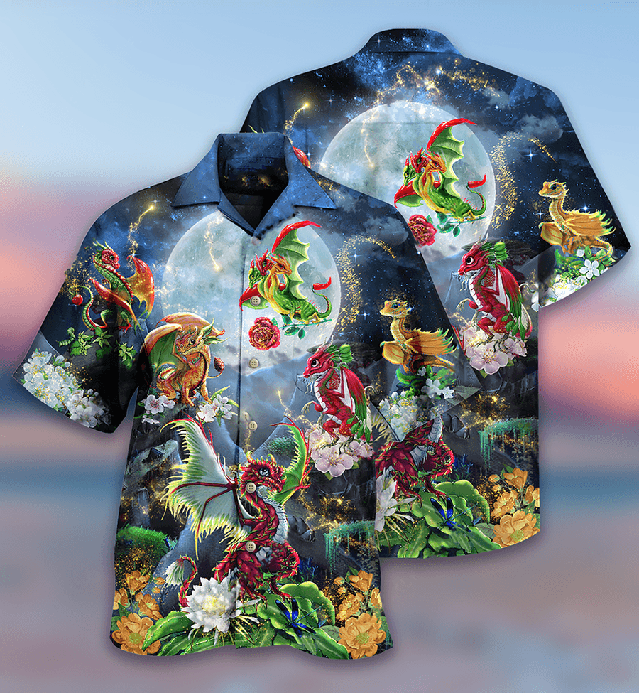 Dragon Aloha Hawaiian Shirt For Summer, Dragon Flowers Love Life To The Moon Hawaiian Shirts Outfit For Men Women, Dragon Lovers - Amzanimalsgift