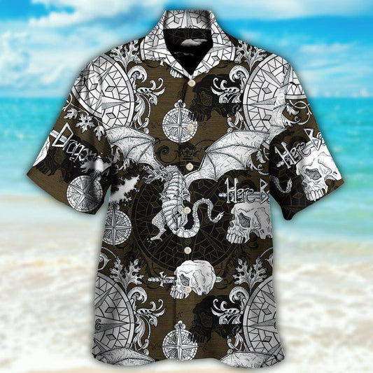 Dragon Aloha Hawaiian Shirt For Summer, Dragon Flying With Skull Gothic Style Hawaiian Shirts Outfit For Men Women, Dragon Lovers, Here Be Dragons - Amzanimalsgift