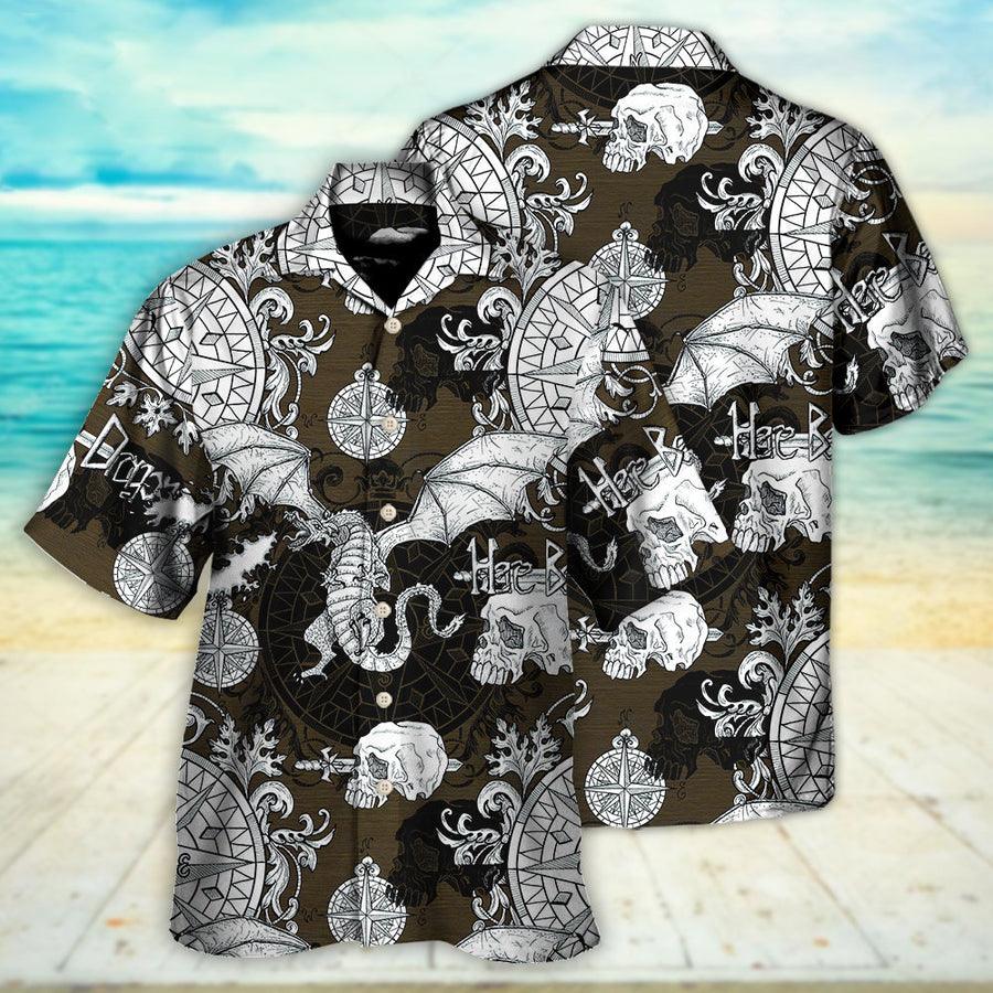Dragon Aloha Hawaiian Shirt For Summer, Dragon Flying With Skull Gothic Style Hawaiian Shirts Outfit For Men Women, Dragon Lovers, Here Be Dragons - Amzanimalsgift