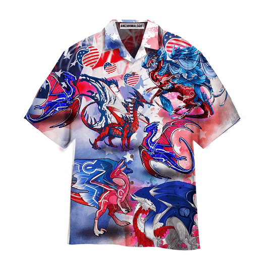 Dragon American Flag Red And Blue Aloha Hawaiian Shirts For Men Women, 4th Of July Gift For Summer, Friend, Family, Independence Day, Dragon Lovers - Amzanimalsgift