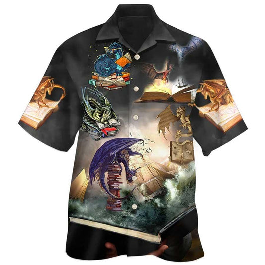 Dragon And Book Hawaiian Shirt For Summer, Dragon Reading Book Hawaiian Shirts Outfit For Men Women, Dragon Lovers - Amzanimalsgift