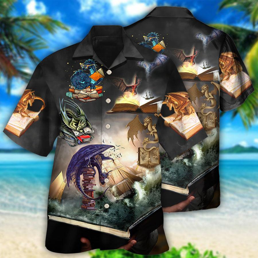 Dragon And Book Hawaiian Shirt For Summer, Dragon Reading Book Hawaiian Shirts Outfit For Men Women, Dragon Lovers - Amzanimalsgift