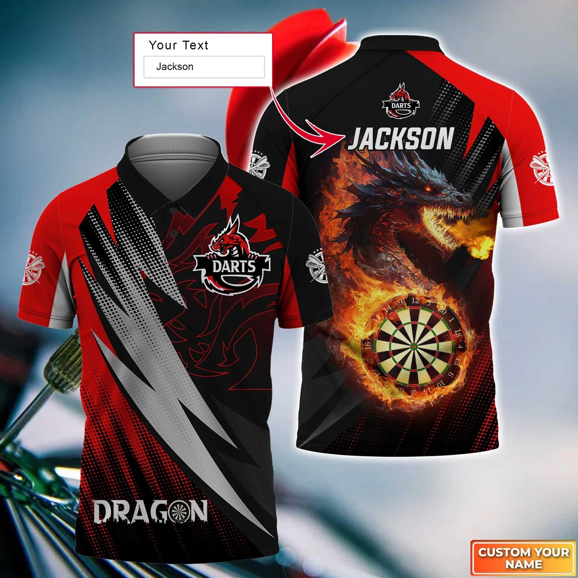 Dragon And Darts Custom Name Men Polo Shirt, Flame Dartboard Personalized Men Polo Shirt Gift For Darts Lovers, Friends, Darts Team Player - Amzanimalsgift