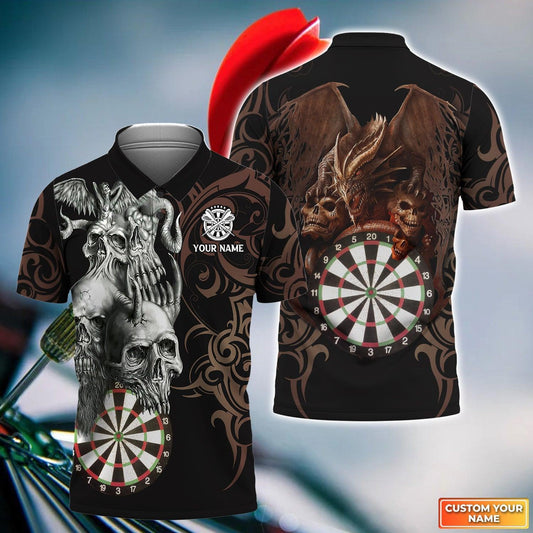 Dragon And Darts Custom Name Men Polo Shirt, Skull Dartboard Personalized Men Polo Shirt Gift For Darts Lovers, Darts Team Player Tad, Friend - Amzanimalsgift