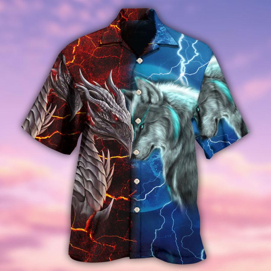 Dragon And Wolf Aloha Hawaiian Shirt For Summer, Dragon Let's Fight Hawaiian Shirts Outfit For Men Women, Dragon Lovers - Amzanimalsgift
