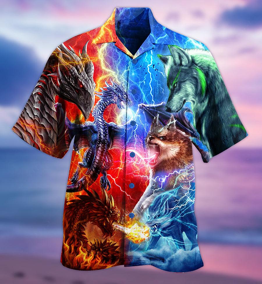 Dragon And Wolf Fighting Aloha Hawaiian Shirt For Summer, Dragon Hawaiian Shirts Outfit For Men Women, Dragon Lovers - Amzanimalsgift