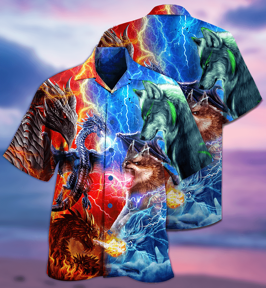 Dragon And Wolf Fighting Aloha Hawaiian Shirt For Summer, Dragon Hawaiian Shirts Outfit For Men Women, Dragon Lovers - Amzanimalsgift