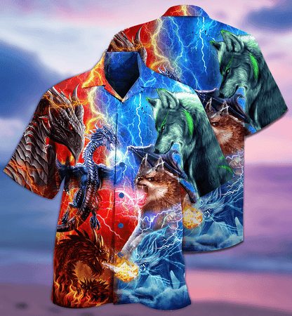 Dragon And Wolf Fighting Aloha Hawaiian Shirt For Summer, Dragon Hawaiian Shirts Outfit For Men Women, Dragon Lovers - Amzanimalsgift