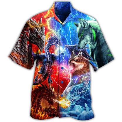 Dragon And Wolf Fighting Aloha Hawaiian Shirt For Summer, Dragon Hawaiian Shirts Outfit For Men Women, Dragon Lovers - Amzanimalsgift