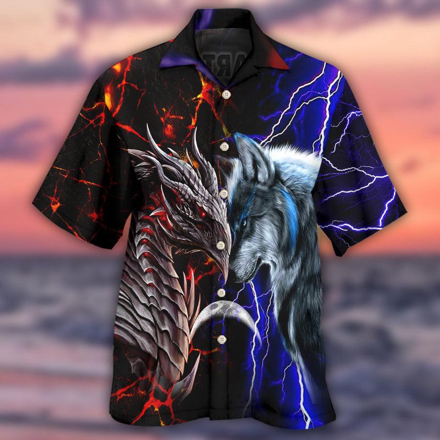 Dragon And Wolf Red And Blue Aloha Hawaiian Shirt For Summer, Heart Of Wolf Soul Of Dragon Hawaiian Shirts Outfit For Men Women, Dragon Lovers - Amzanimalsgift