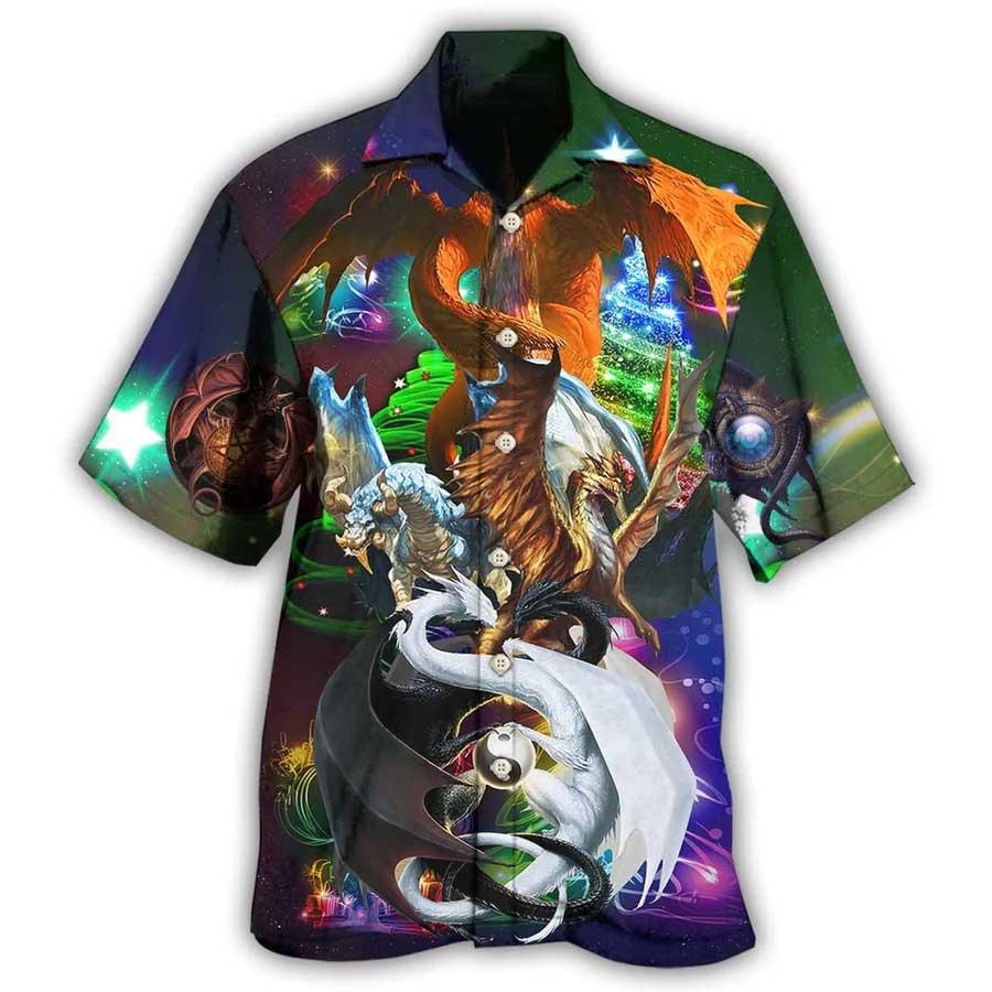 Dragon Christmas Aloha Hawaiian Shirt For Summer, Dragon Black And White Merry Christmas Hawaiian Shirts Outfit For Men Women, Dragon Lovers - Amzanimalsgift