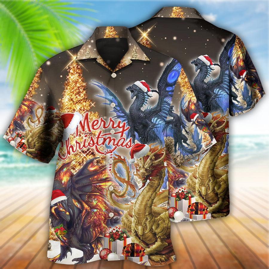 Dragon Christmas Aloha Hawaiian Shirt For Summer, Dragon Gold And Black Merry Christmas Amazing Hawaiian Shirts Outfit For Men Women, Dragon Lovers - Amzanimalsgift