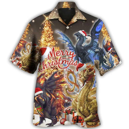Dragon Christmas Aloha Hawaiian Shirt For Summer, Dragon Gold And Black Merry Christmas Amazing Hawaiian Shirts Outfit For Men Women, Dragon Lovers - Amzanimalsgift