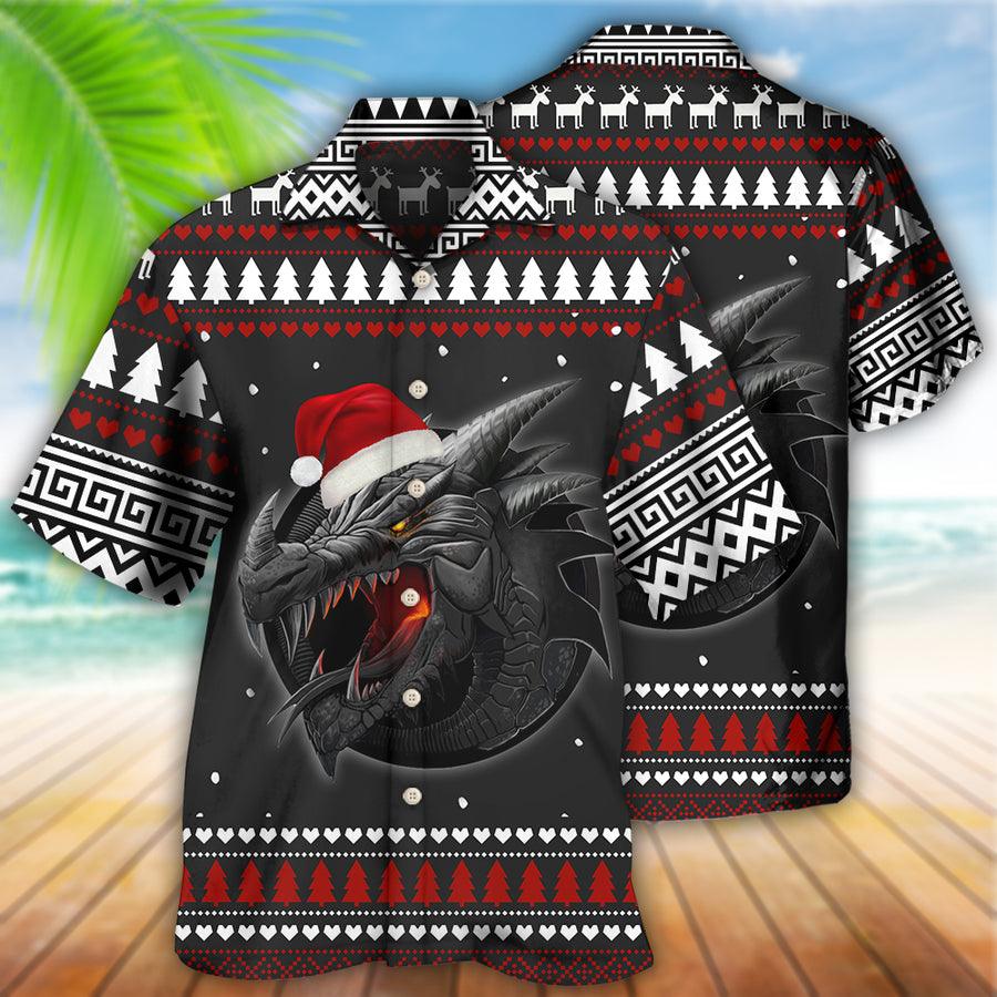 Dragon Christmas Aloha Hawaiian Shirt For Summer, Dragon Merry Christmas Black And Red Hawaiian Shirts Outfit For Men Women, Dragon Lovers - Amzanimalsgift