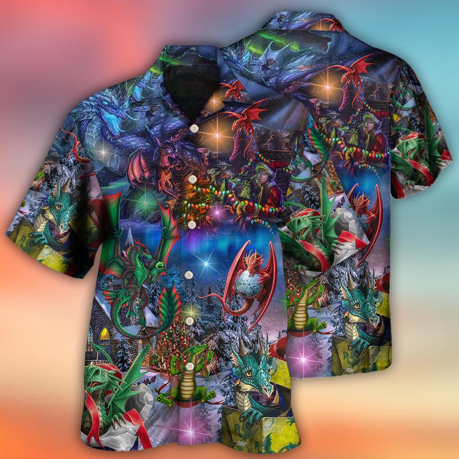 Dragon Christmas Aloha Hawaiian Shirt For Summer, Dragon Merry Christmas Light Art Style Hawaiian Shirts Outfit For Men Women, Dragon Lovers - Amzanimalsgift