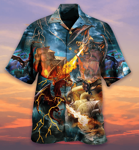 Dragon Colorful Aloha Hawaiian Shirt For Summer, Dragon Fight With The Pirate Ship Hawaiian Shirts Outfit For Men Women, Dragon Lovers - Amzanimalsgift