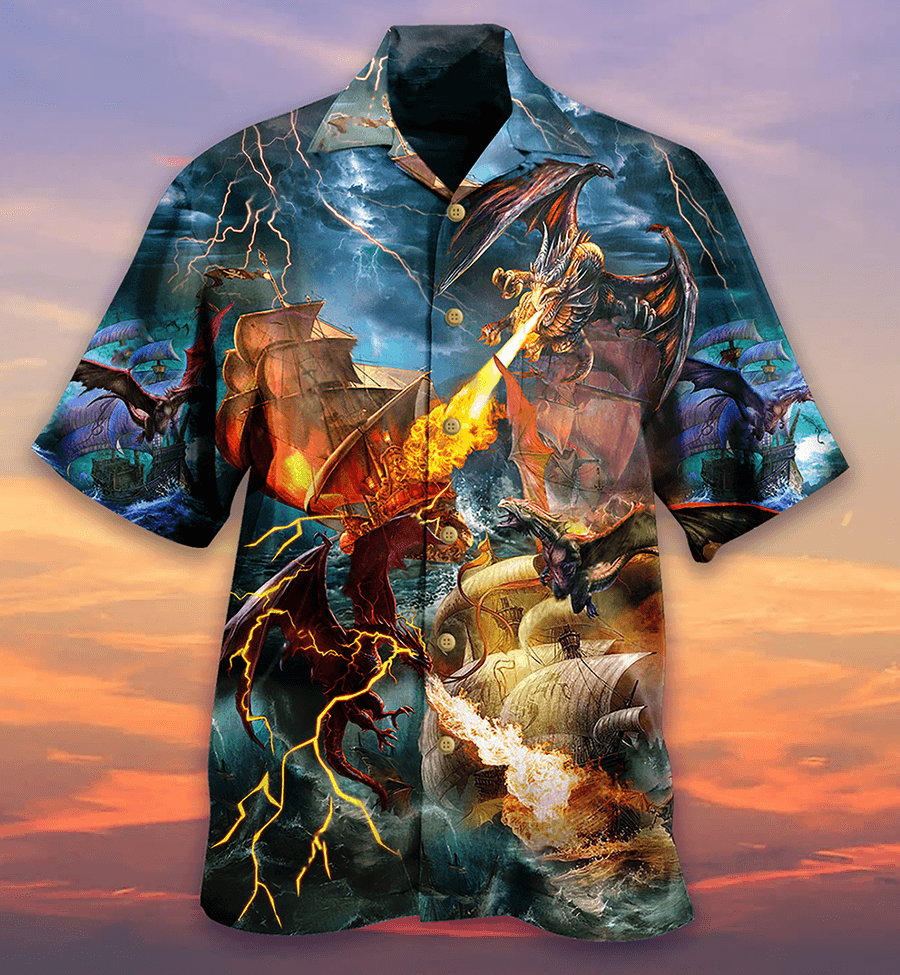 Dragon Colorful Aloha Hawaiian Shirt For Summer, Dragon Fight With The Pirate Ship Hawaiian Shirts Outfit For Men Women, Dragon Lovers - Amzanimalsgift