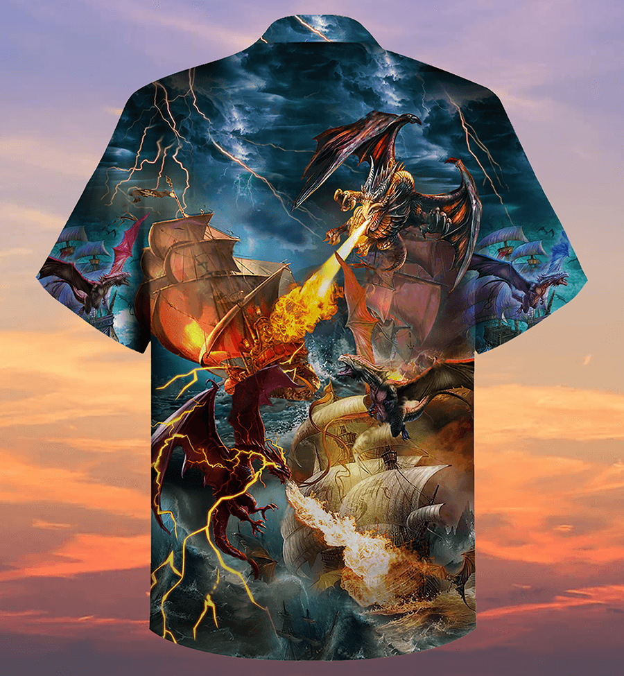 Dragon Colorful Aloha Hawaiian Shirt For Summer, Dragon Fight With The Pirate Ship Hawaiian Shirts Outfit For Men Women, Dragon Lovers - Amzanimalsgift