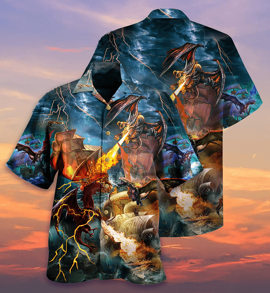 Dragon Colorful Aloha Hawaiian Shirt For Summer, Dragon Fight With The Pirate Ship Hawaiian Shirts Outfit For Men Women, Dragon Lovers - Amzanimalsgift