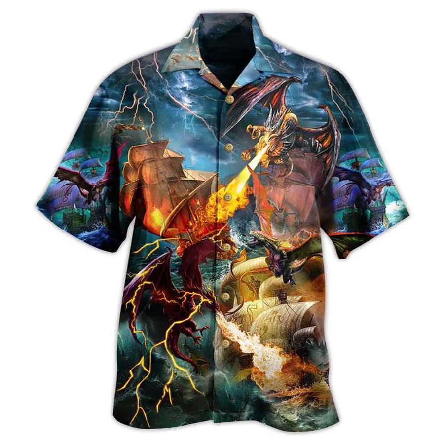 Dragon Colorful Aloha Hawaiian Shirt For Summer, Dragon Fight With The Pirate Ship Hawaiian Shirts Outfit For Men Women, Dragon Lovers - Amzanimalsgift