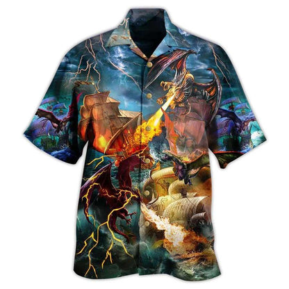 Dragon Colorful Aloha Hawaiian Shirt For Summer, Dragon Fight With The Pirate Ship Hawaiian Shirts Outfit For Men Women, Dragon Lovers - Amzanimalsgift