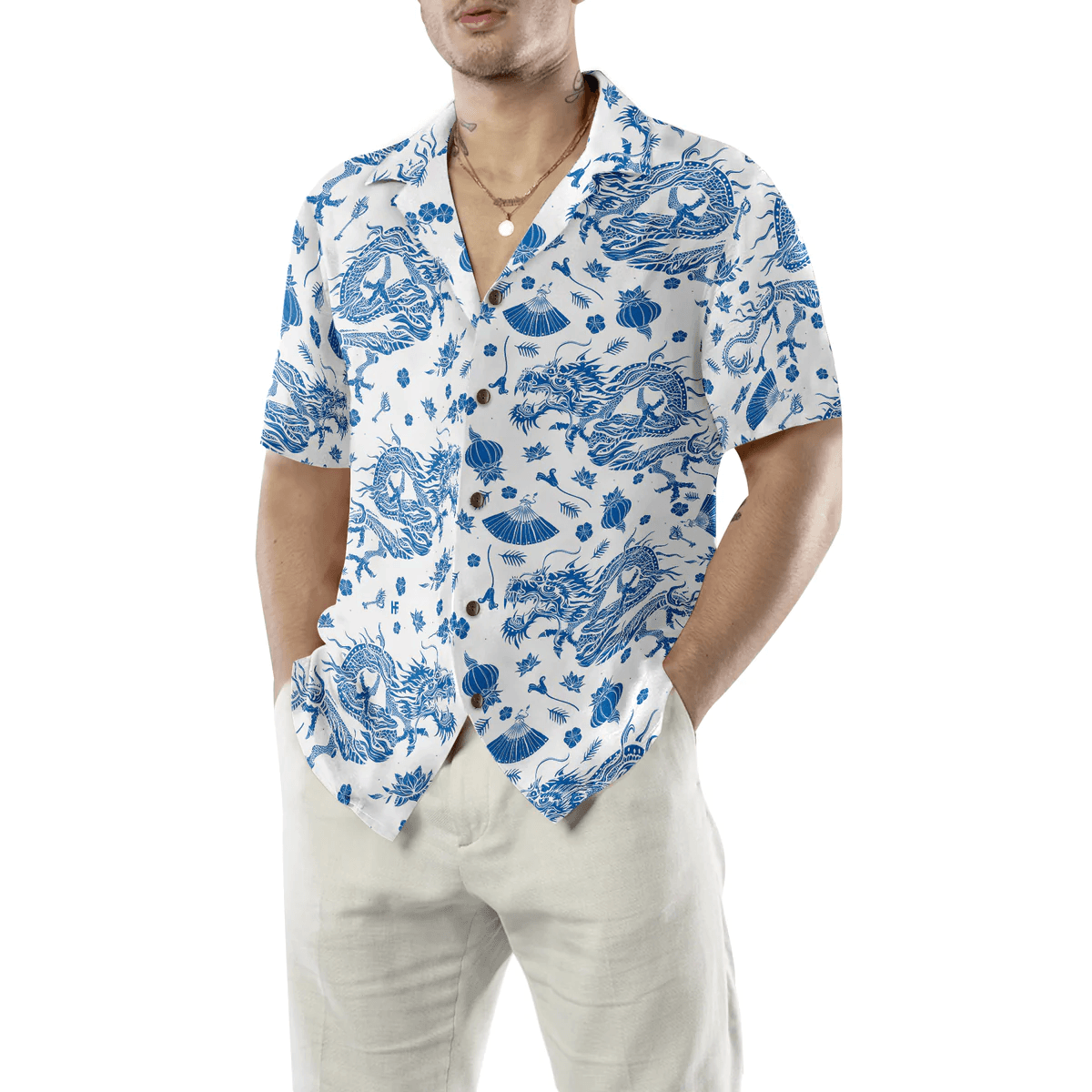 Dragon Hawaiian Shirt - Dragon Ceramics Blue Pattern - Perfect Gift For Husband, Boyfriend, Friend, Family - Amzanimalsgift