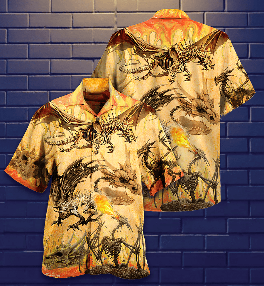 Dragon Skeleton Aloha Hawaiian Shirt For Summer, Dragon Skull Fighting On Desert Hawaiian Shirts Outfit For Men Women, Dragon Lovers - Amzanimalsgift