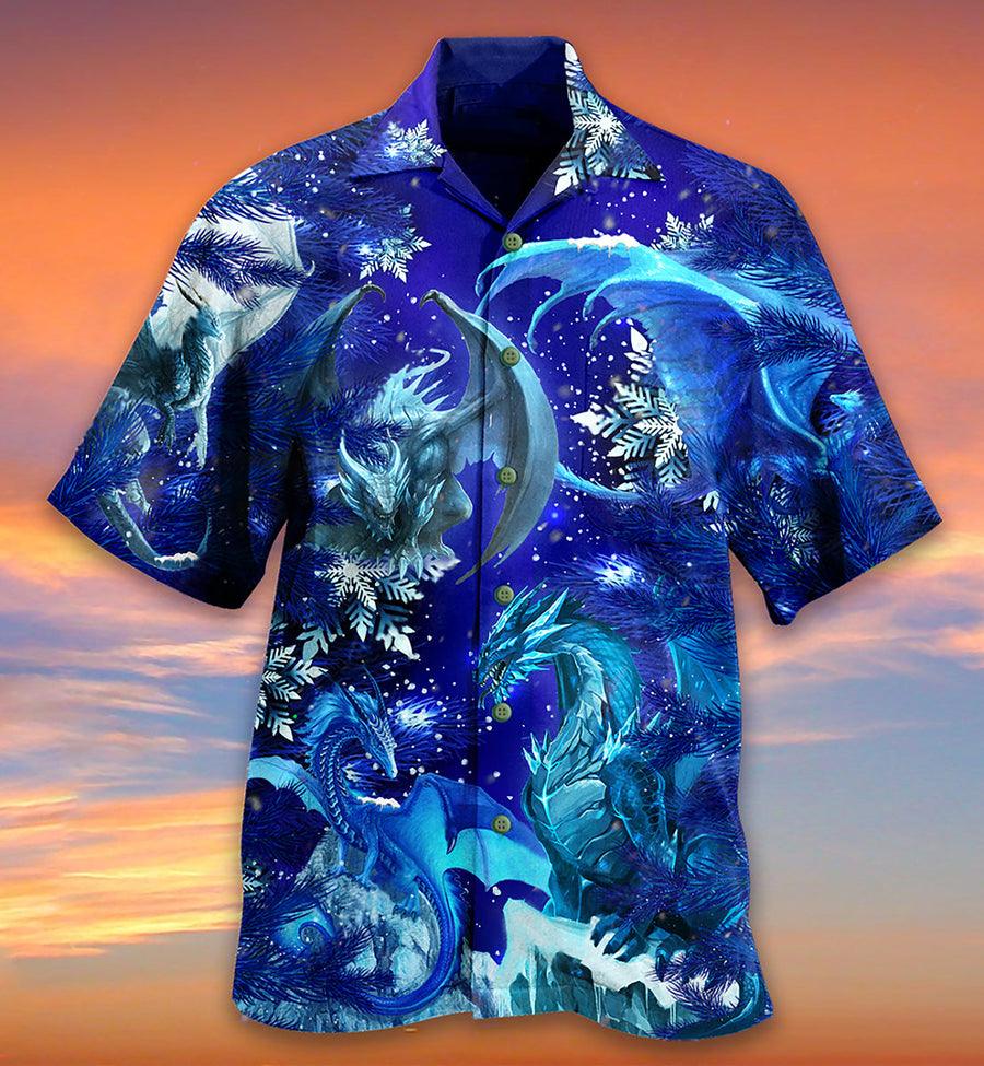Dragon Snow Hawaiian Shirt For Summer, Dragon Merry Xmas Snow Love Blue Color Hawaiian Shirts Outfit For Men Women, Dragon Lovers - Amzanimalsgift