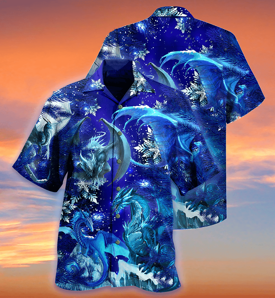 Dragon Snow Hawaiian Shirt For Summer, Dragon Merry Xmas Snow Love Blue Color Hawaiian Shirts Outfit For Men Women, Dragon Lovers - Amzanimalsgift