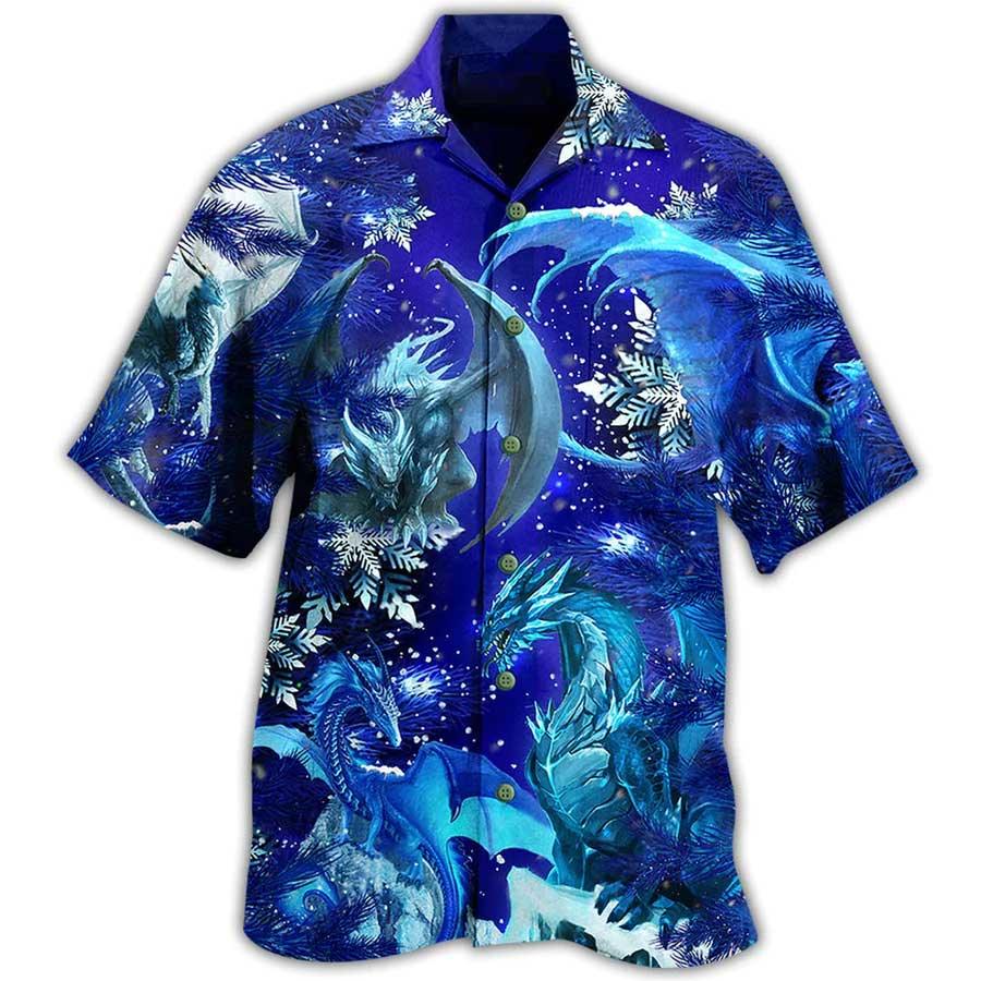Dragon Snow Hawaiian Shirt For Summer, Dragon Merry Xmas Snow Love Blue Color Hawaiian Shirts Outfit For Men Women, Dragon Lovers - Amzanimalsgift